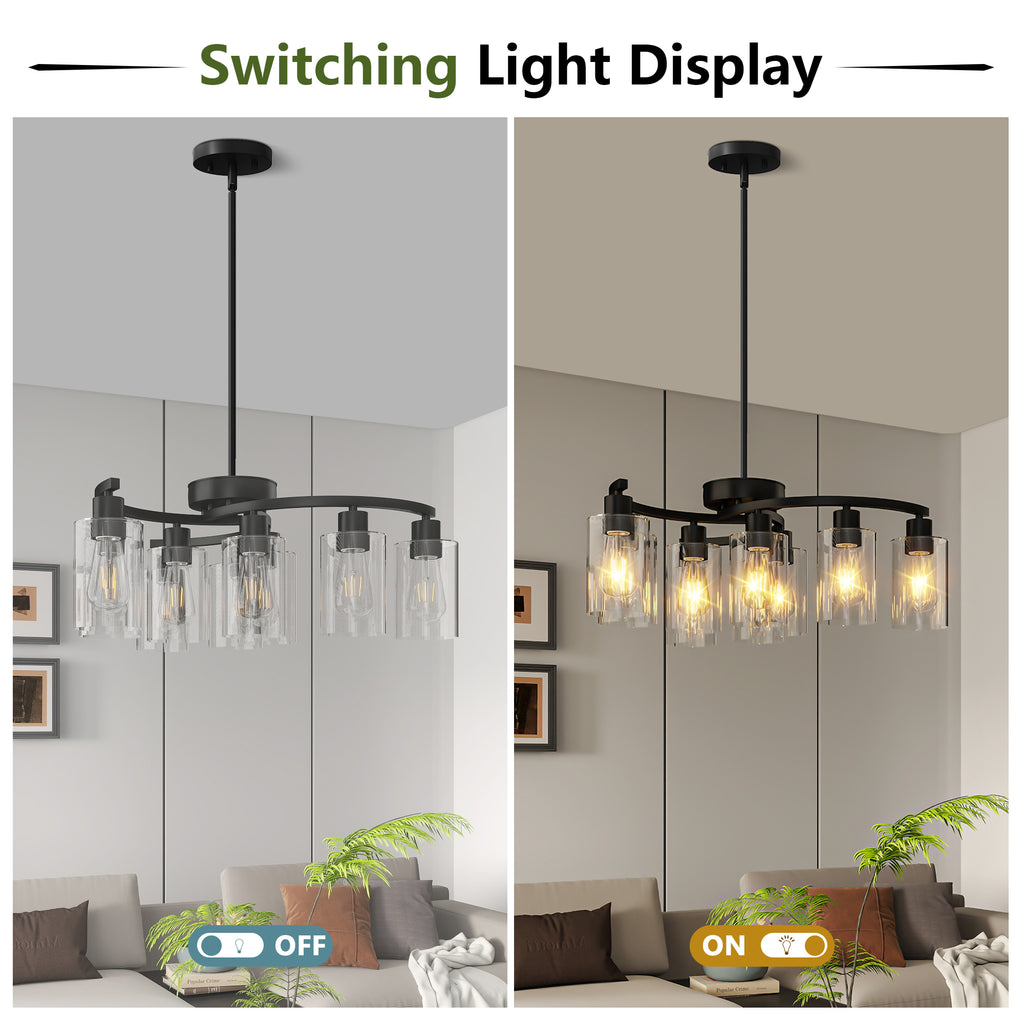 Nine-light black chandelier with clear glass shades over a dining table, view 5