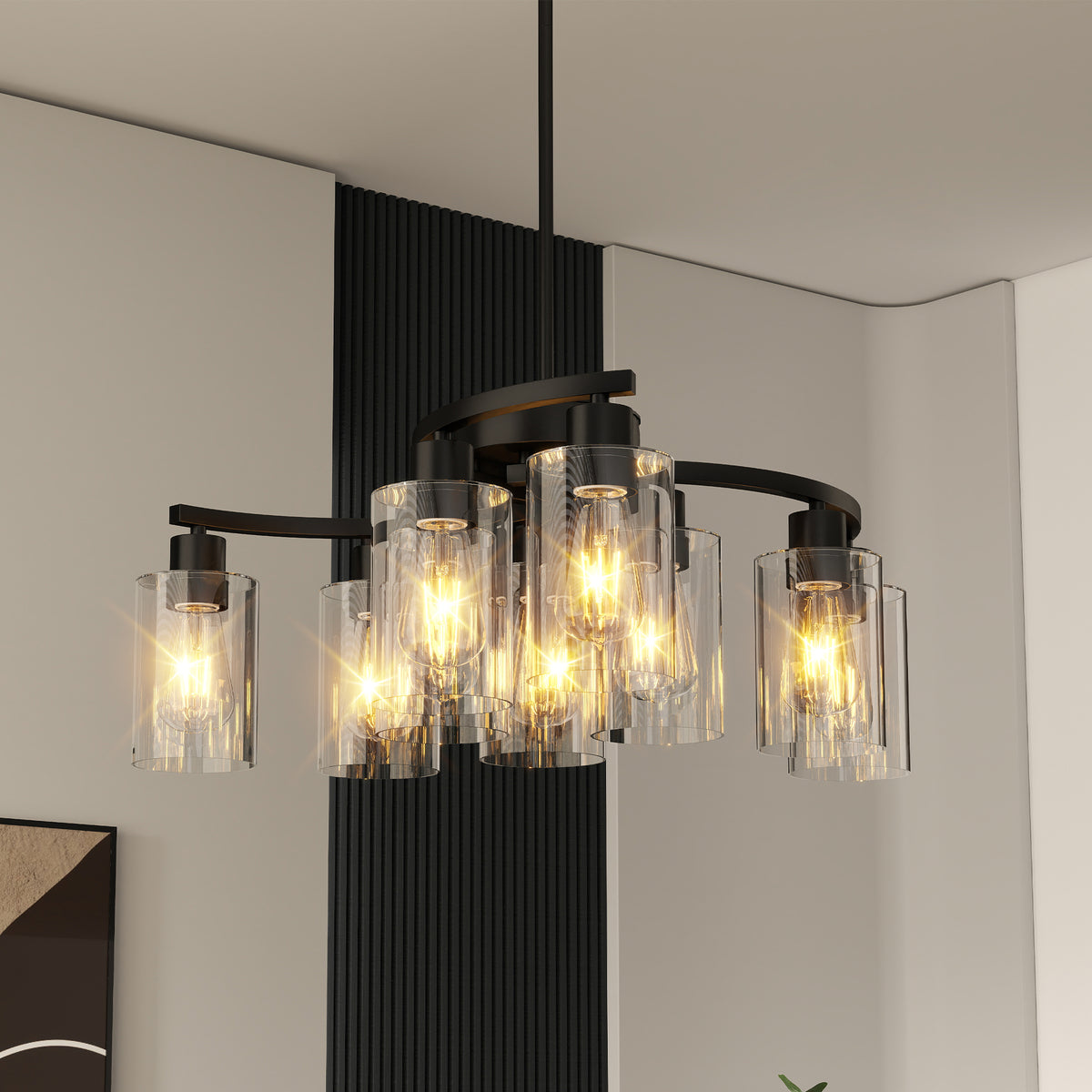 Nine-light black chandelier with clear glass shades over a dining table, view 3