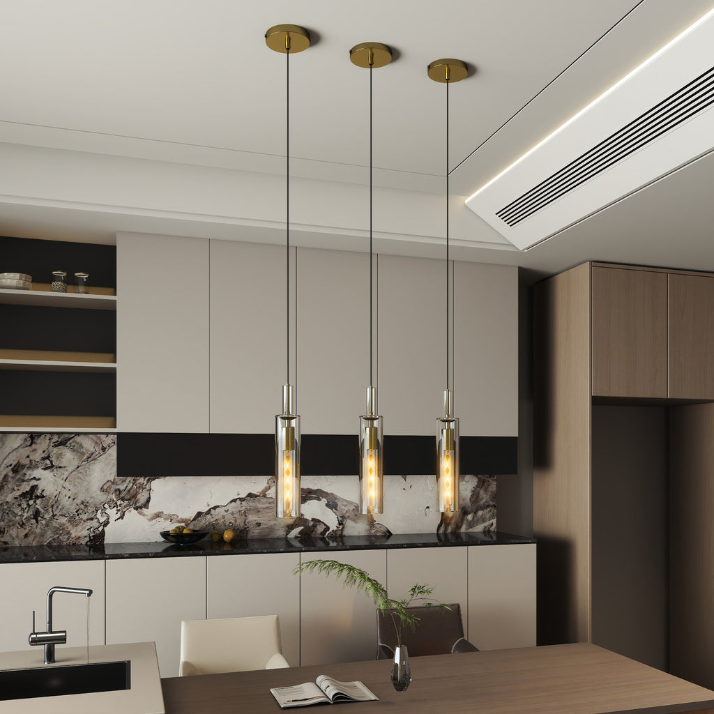 Set of three gold pendant lights with clear striped glass shades, view 4