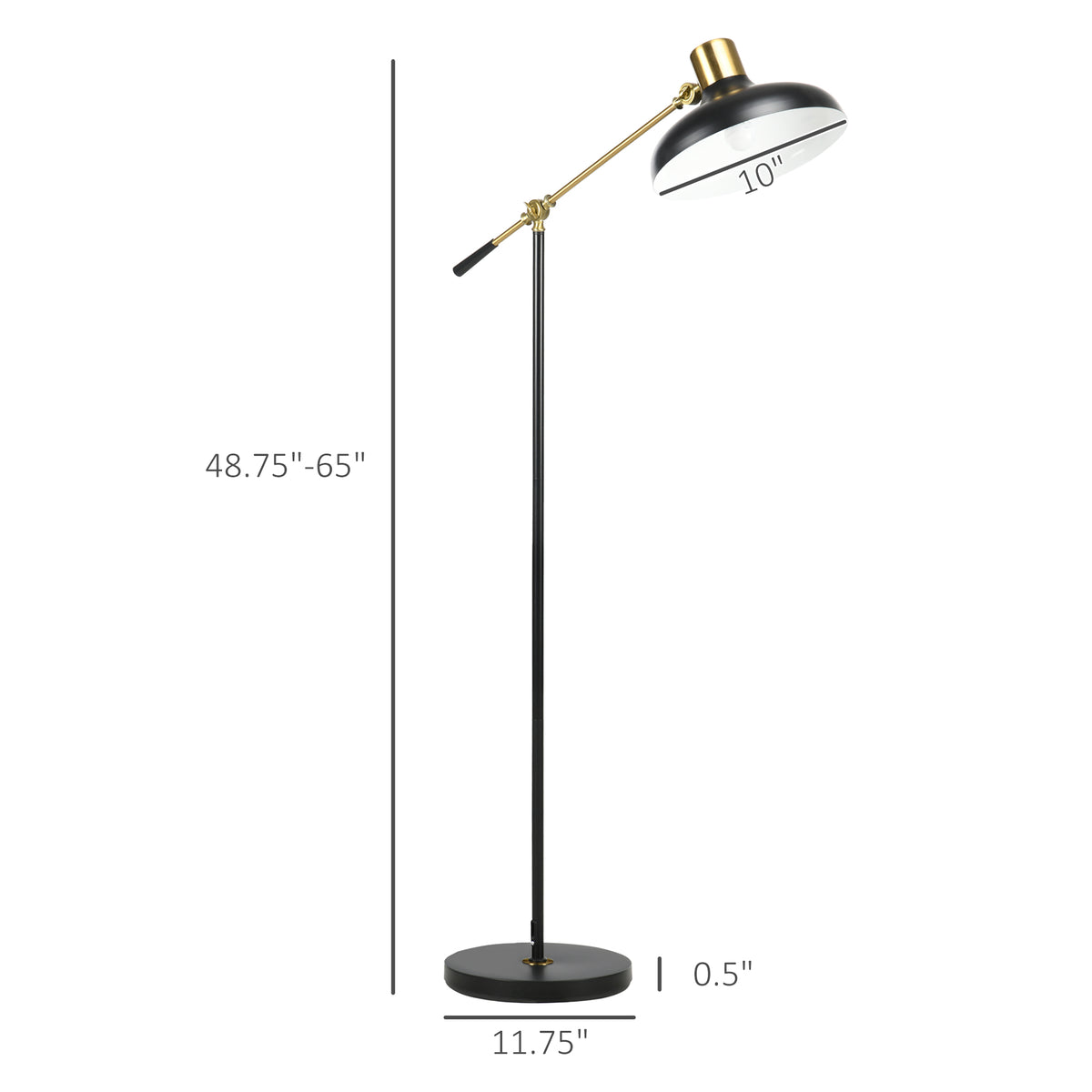 Black and gold adjustable floor lamp with balanced arm in a living room, view 7
