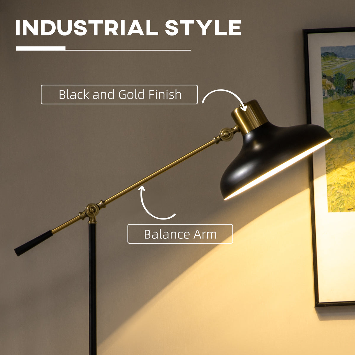 Black and gold adjustable floor lamp with balanced arm in a living room, view 5