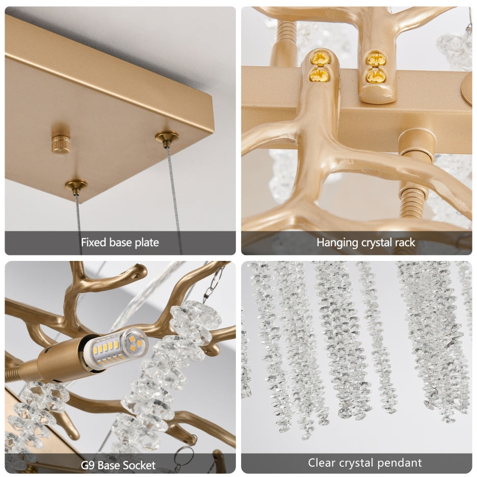 Gold rectangular chandelier with cascading crystal strands, view 3