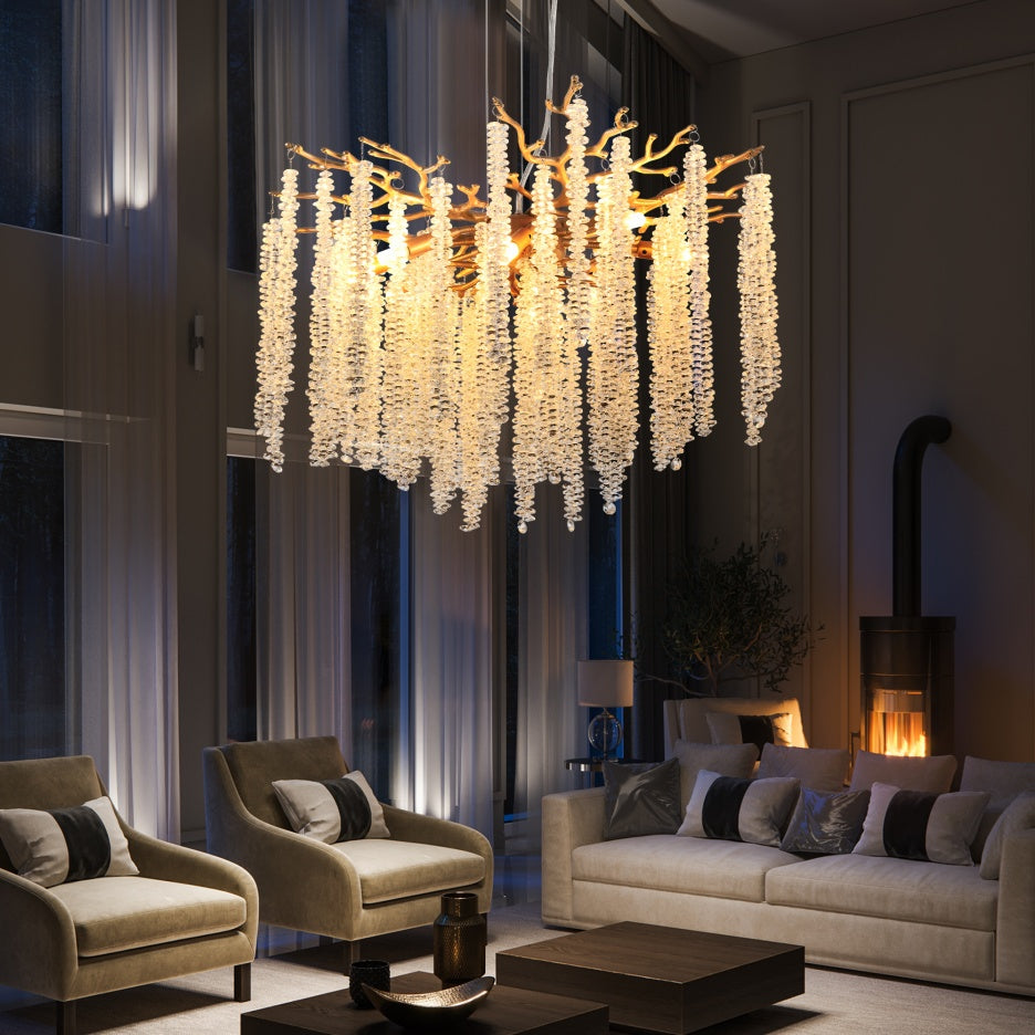 Square gold chandelier with cascading crystal strands