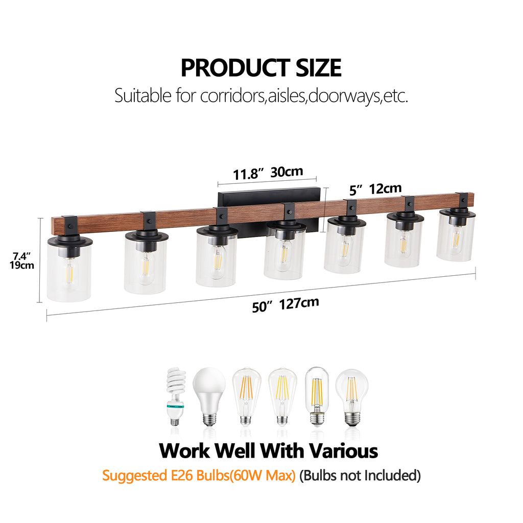 Wide seven-light black and wood bathroom vanity sconce with glass shades, view 7