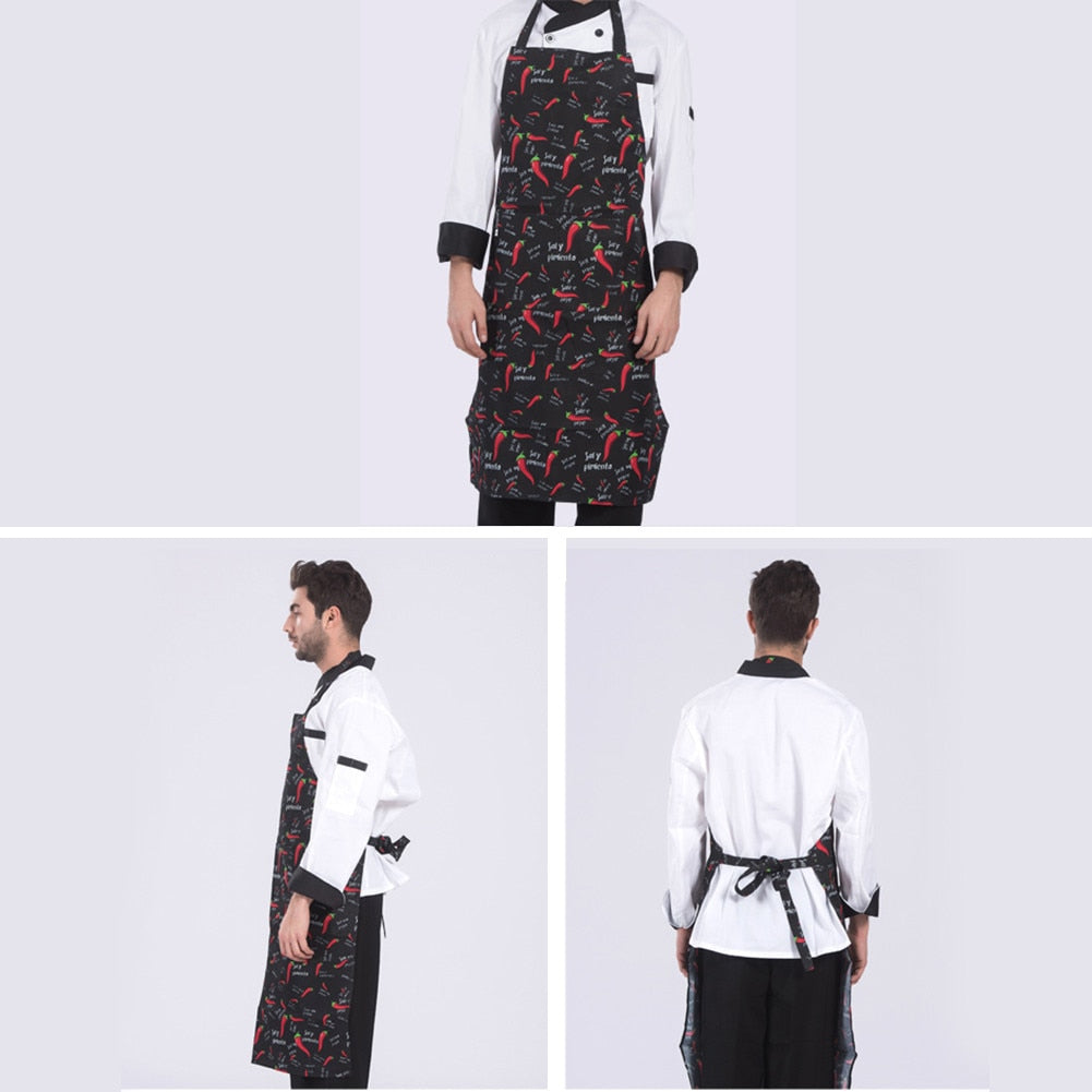 Front and back views of the halter neck apron showing the tie fastening