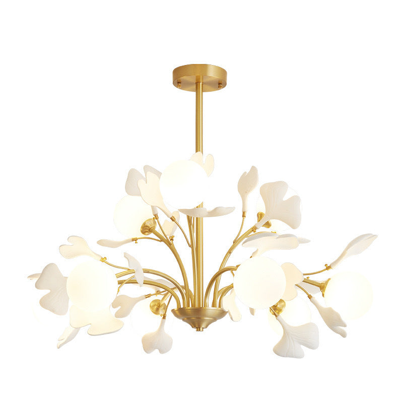 Copper ginkgo leaf branch chandelier with six lights, view 2