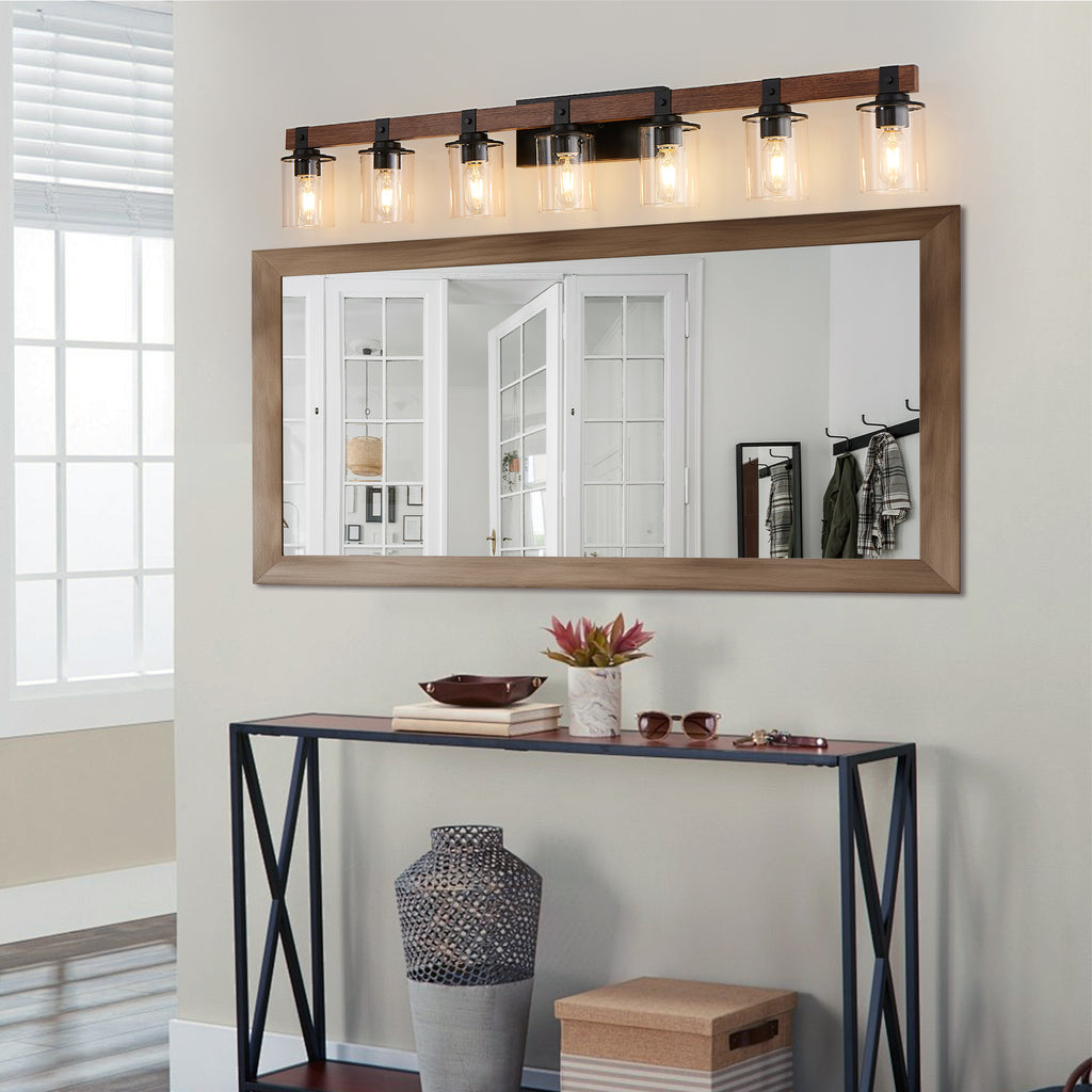 Wide seven-light black and wood bathroom vanity sconce with glass shades, view 6