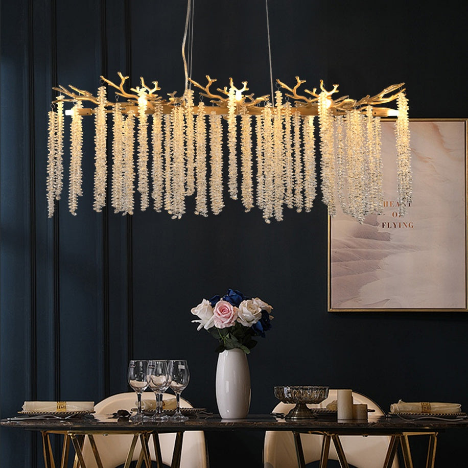 Gold rectangular chandelier with cascading crystal strands, view 2
