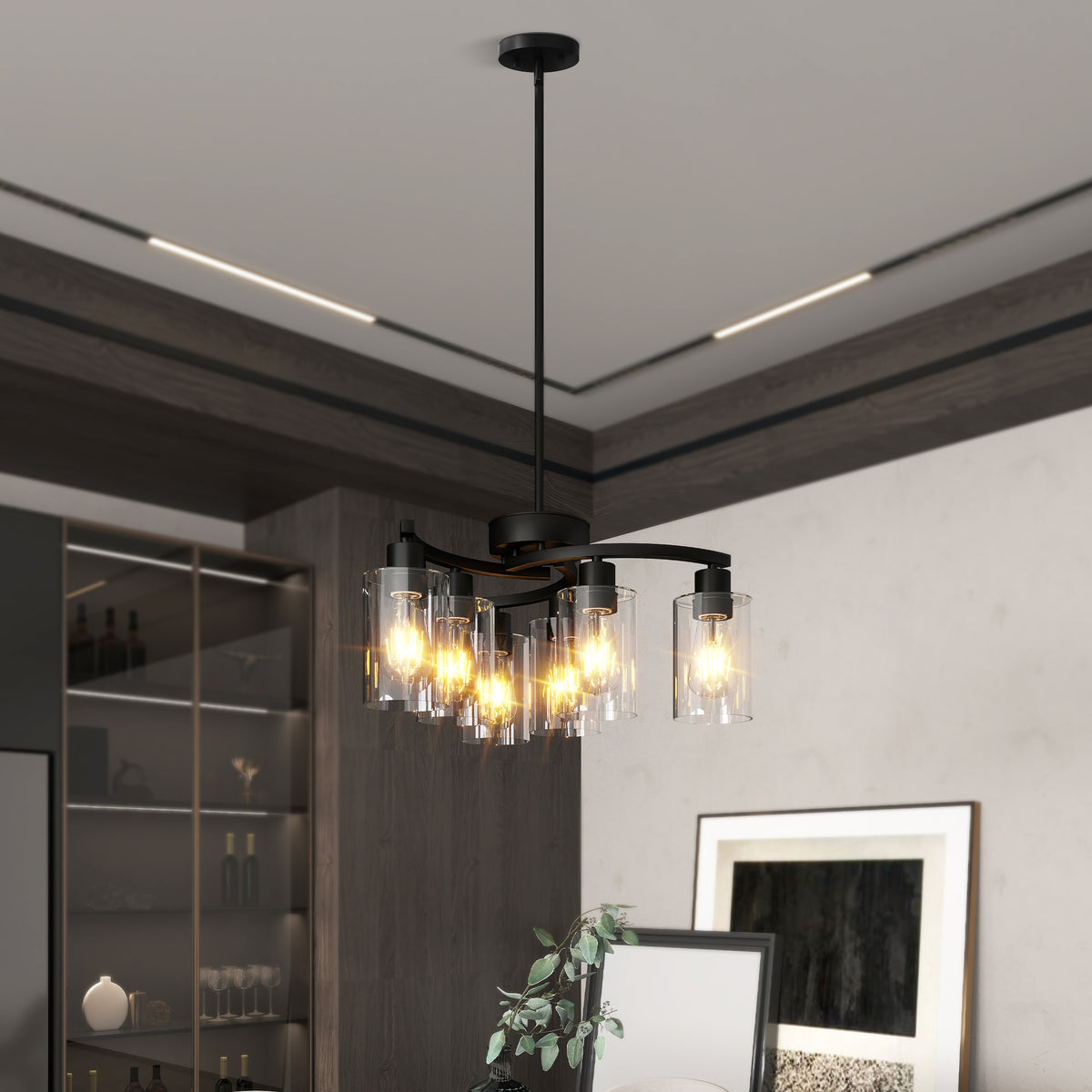 Six-light black chandelier with clear glass shades, view 4