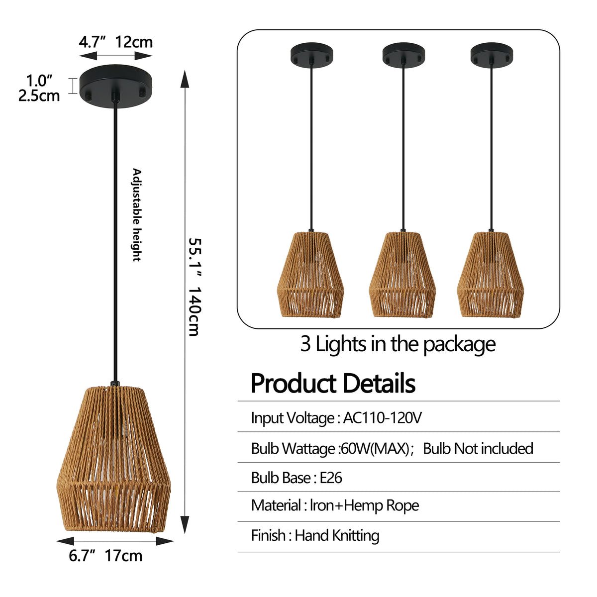 Set of three woven hemp rope pendant lights over a table, view 10