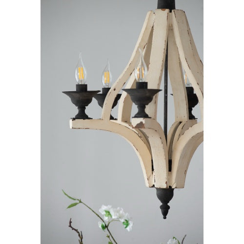 Cream distressed wood six-light chandelier, view 6