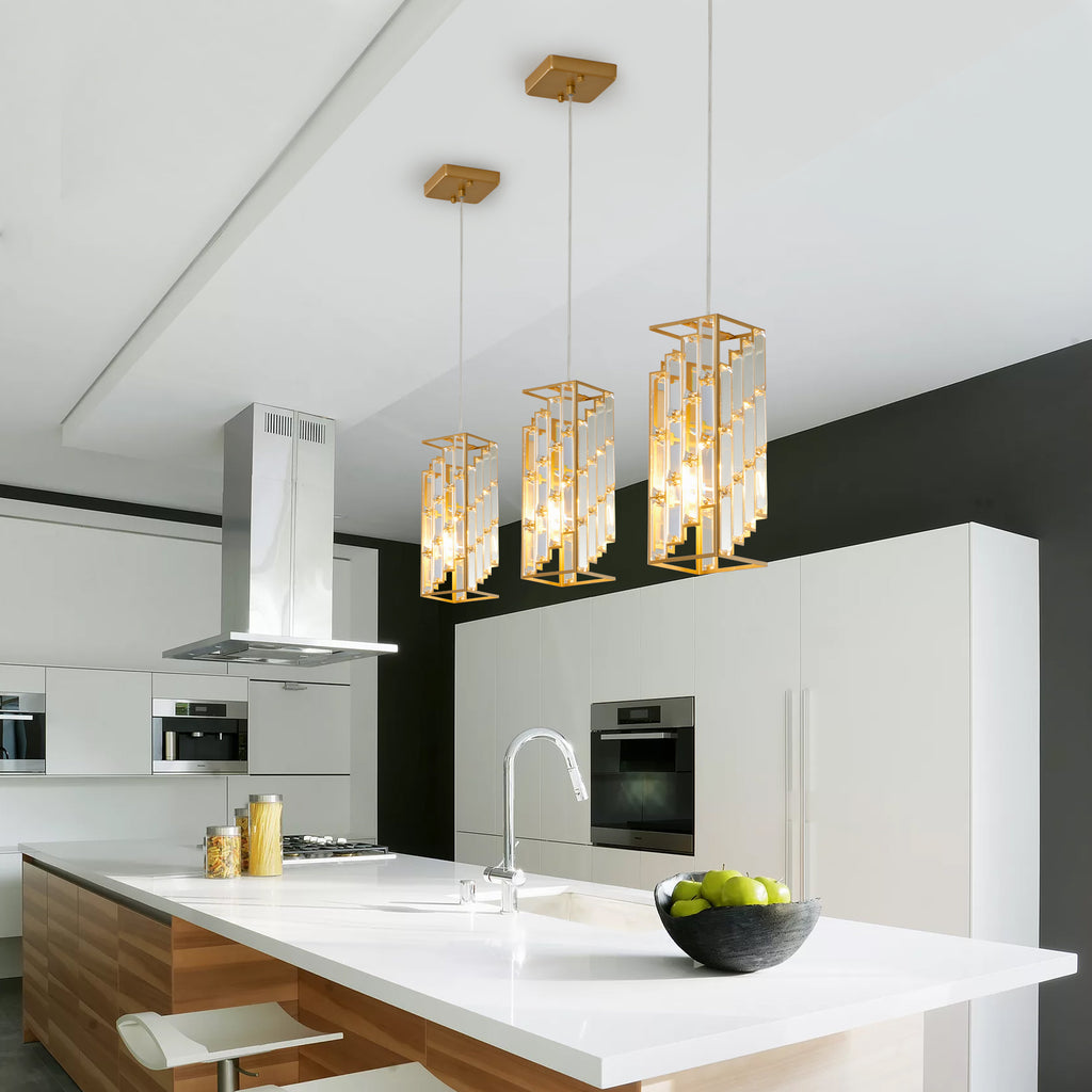 Three small gold crystal prism pendant lights, view 5
