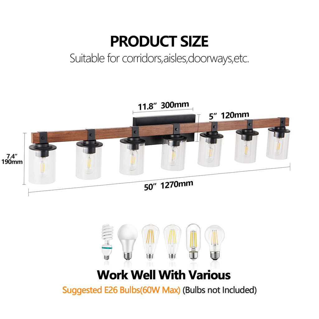Wide seven-light black and wood bathroom vanity sconce with glass shades, view 9