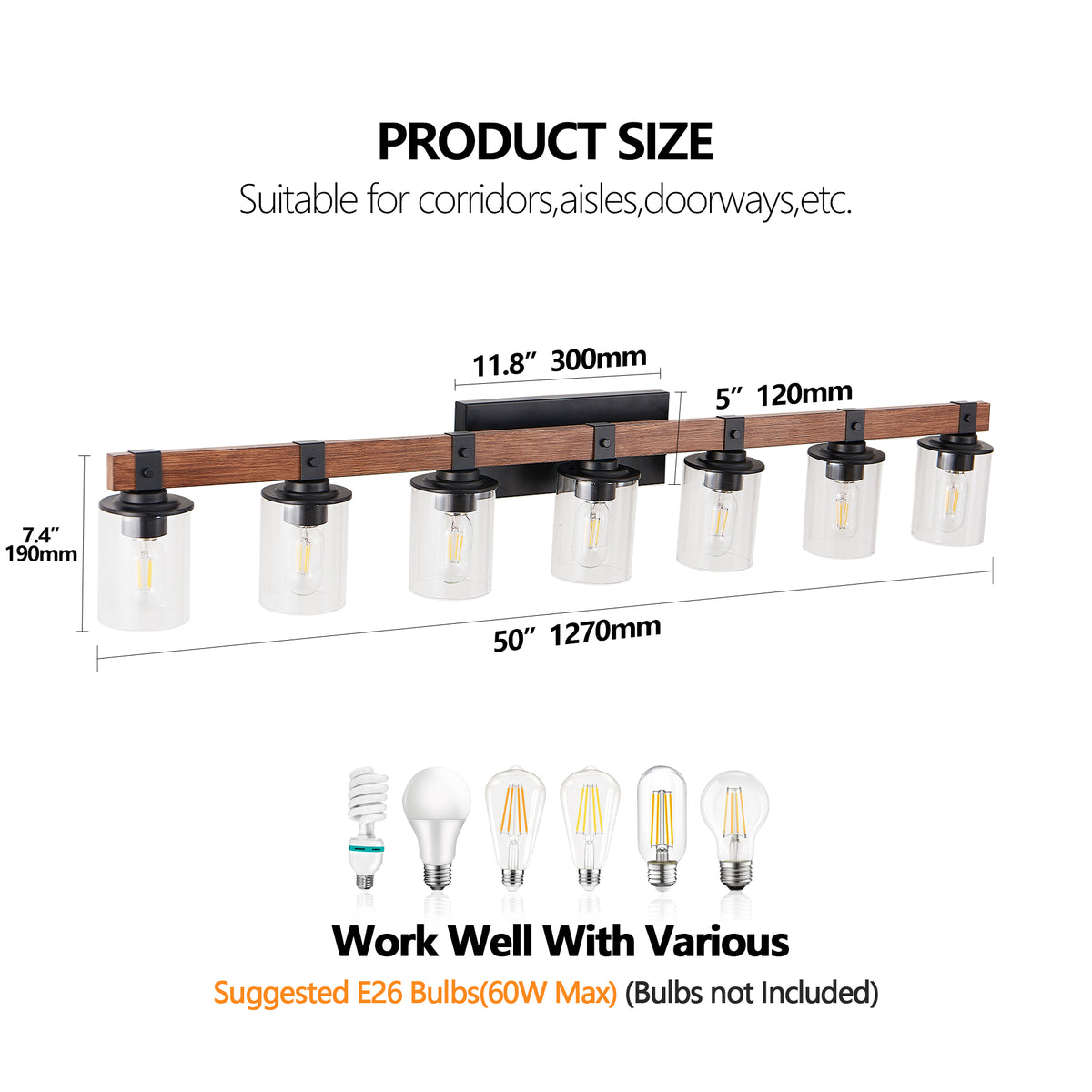 Wide seven-light black and wood bathroom vanity sconce with glass shades, view 9