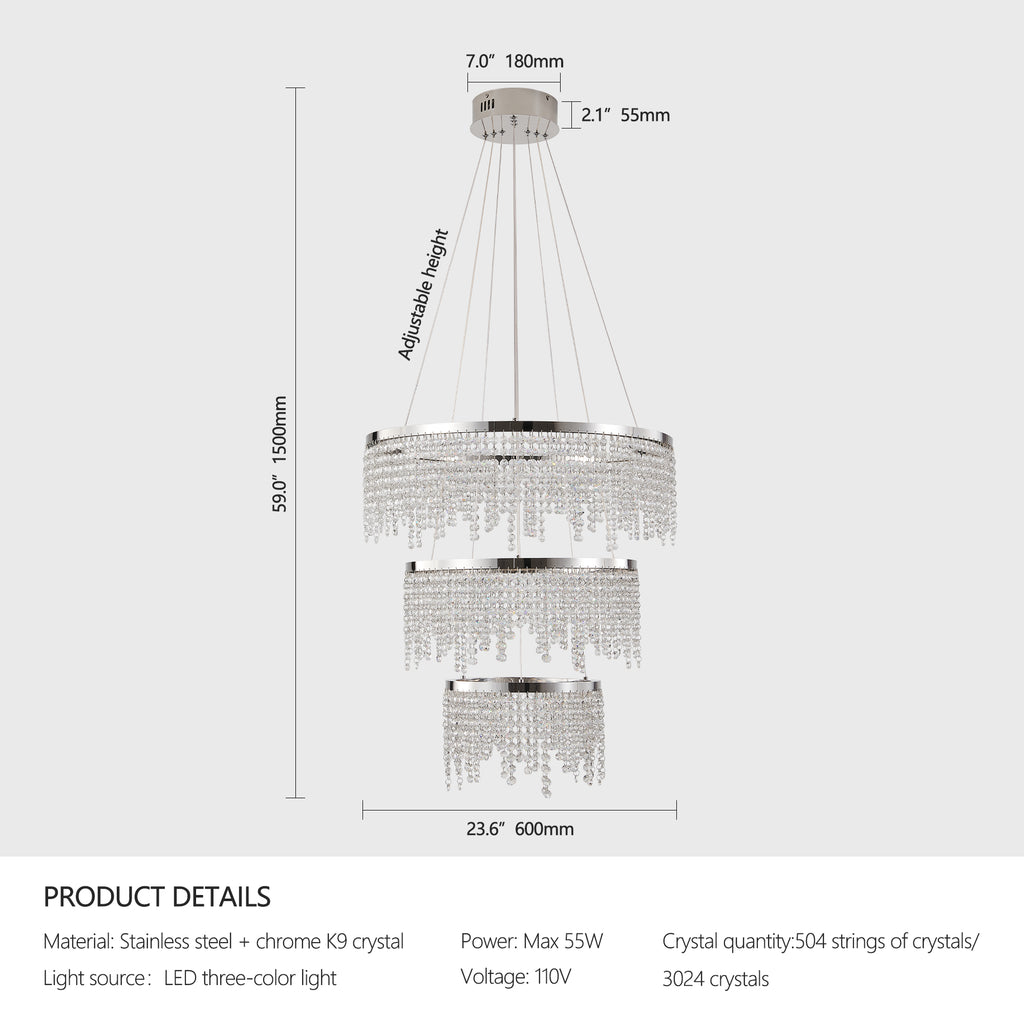 Round 24-inch crystal LED ceiling chandelier, view 3
