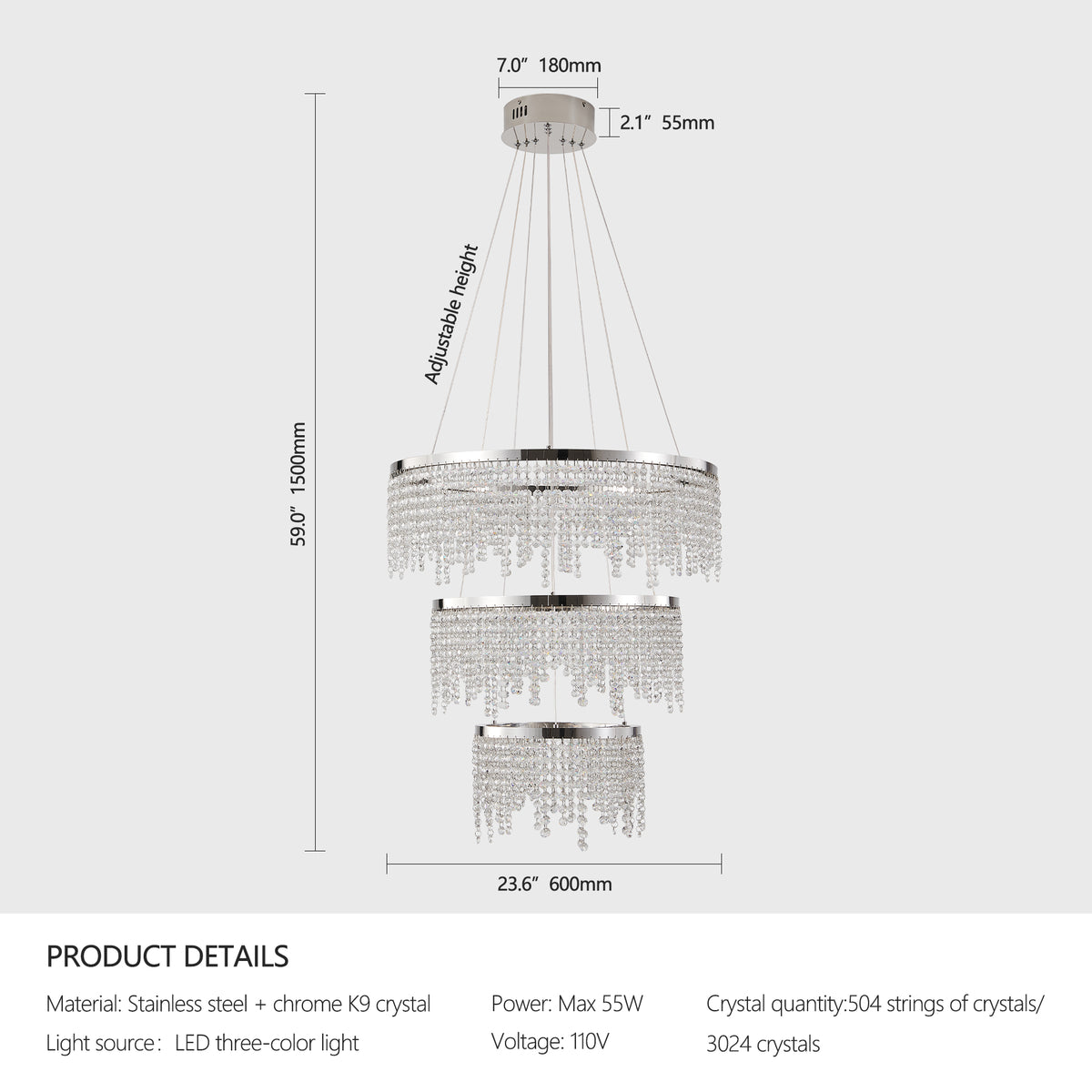 Round 24-inch crystal LED ceiling chandelier, view 3