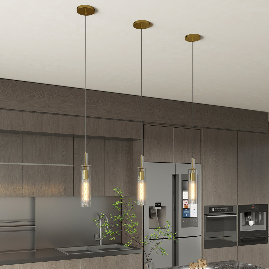 Set of three gold pendant lights with clear striped glass shades, view 7