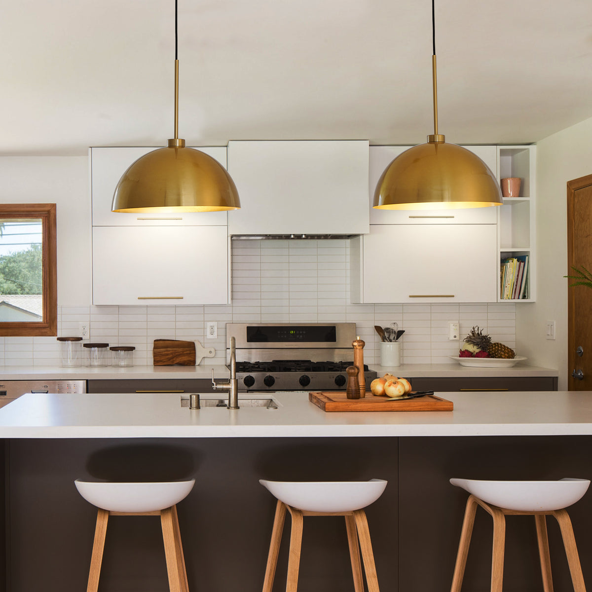 Copper-tone double pendant light on a linear bar, view 3