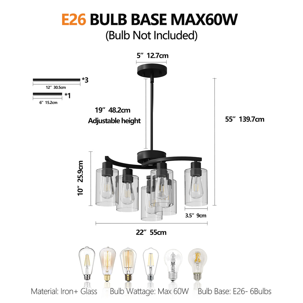 Six-light black chandelier with clear glass shades, view 6
