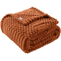 Rust colored fleece throw blanket folded on a sofa