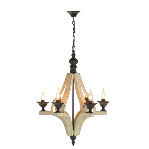 Cream distressed wood six-light chandelier, view 2
