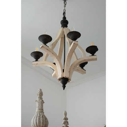 Cream distressed wood six-light chandelier, view 3