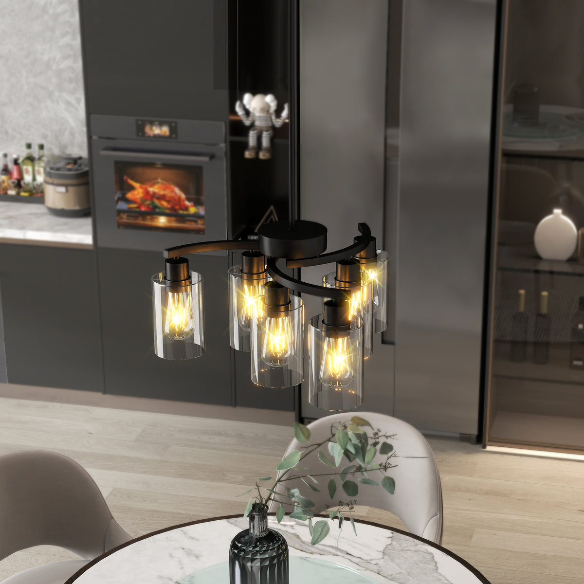 Six-light black chandelier with clear glass shades, view 5