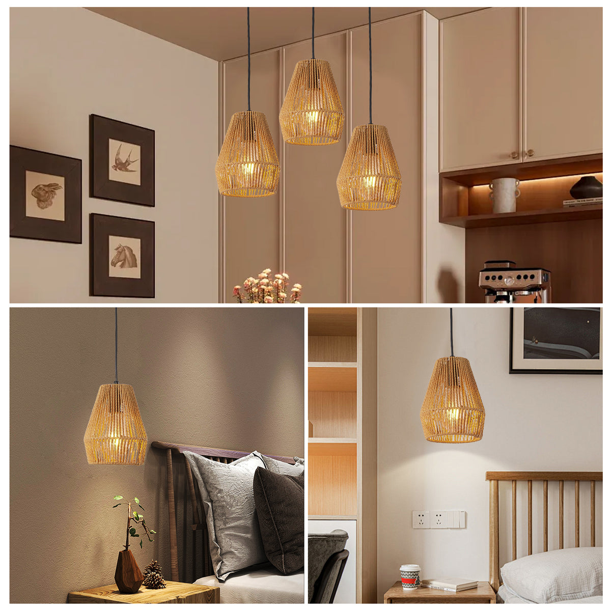 Set of three woven hemp rope pendant lights over a table, view 3