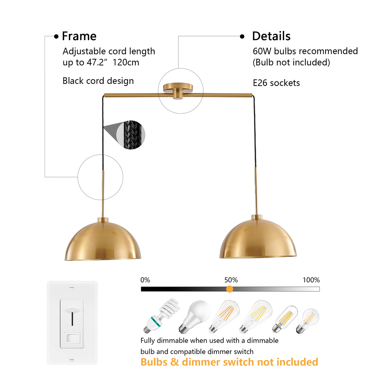 Copper-tone double pendant light on a linear bar, view 5