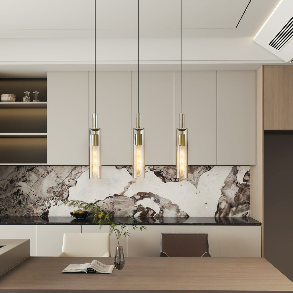 Set of three gold pendant lights with clear striped glass shades, view 9