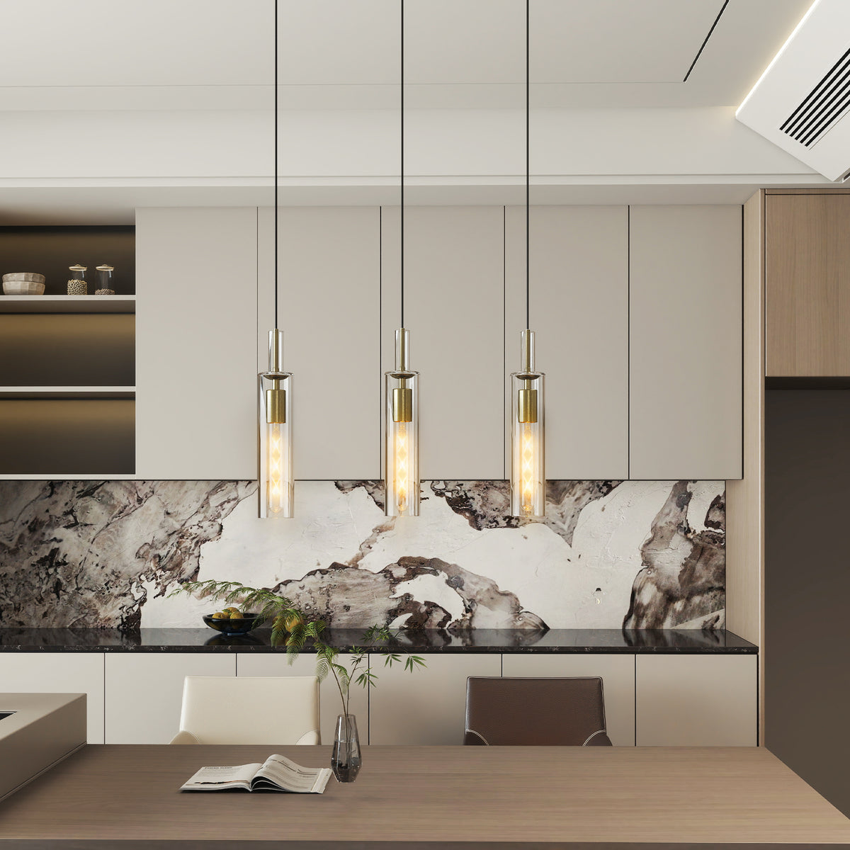 Set of three gold pendant lights with clear striped glass shades, view 9