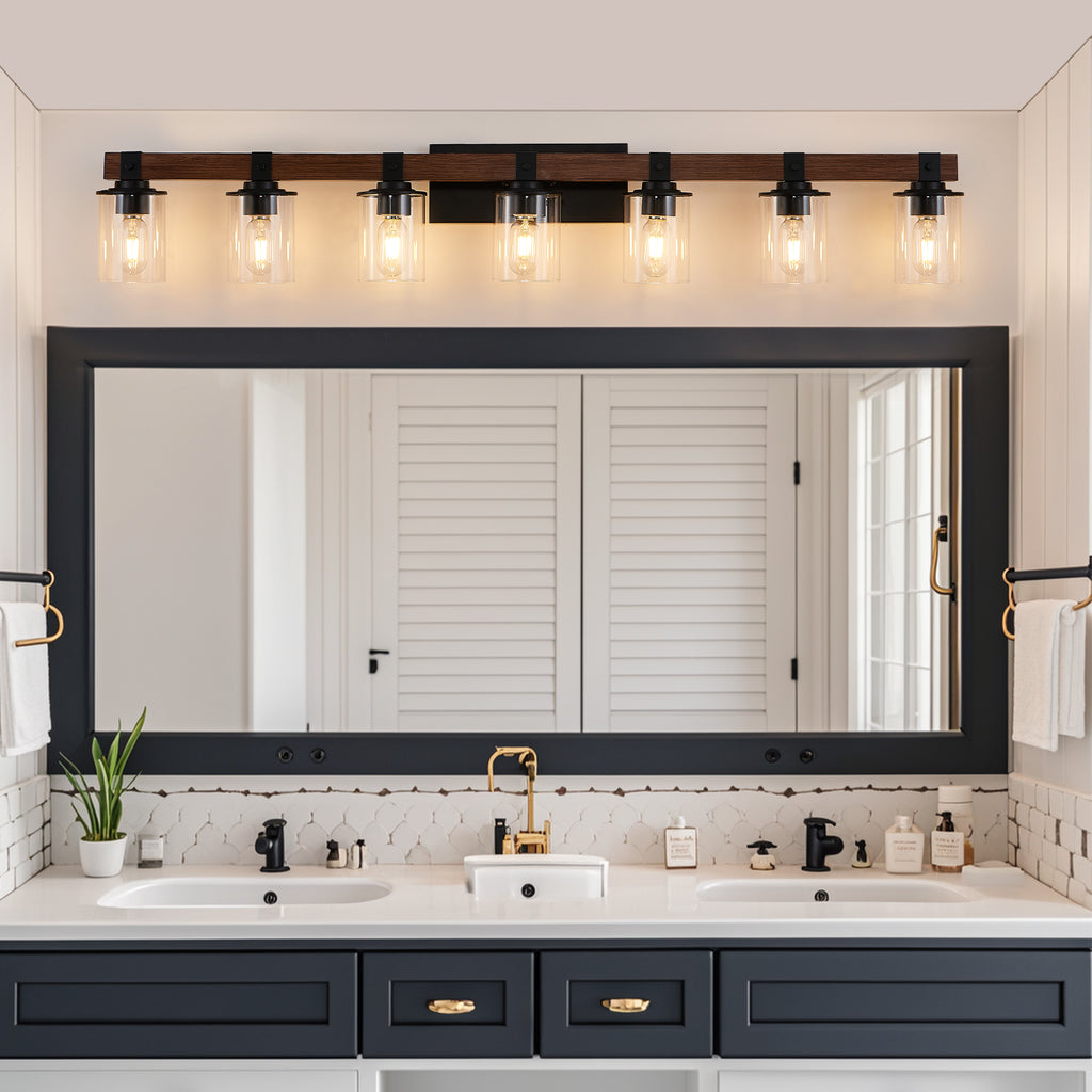 Wide seven-light black and wood bathroom vanity sconce with glass shades, view 4