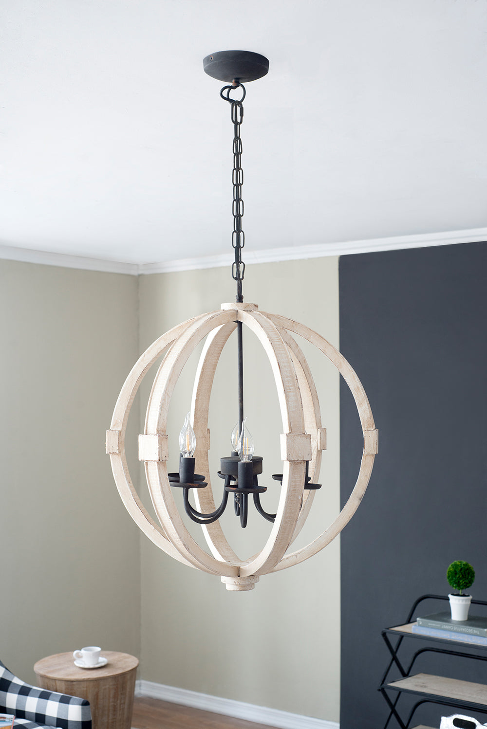 White distressed wood six-light chandelier with iron accents, view 2