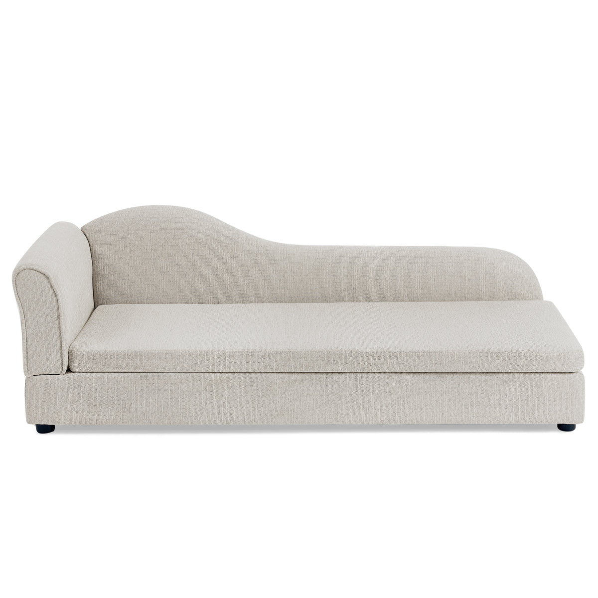 Beige linen pet sofa viewed from the front with wave backrest