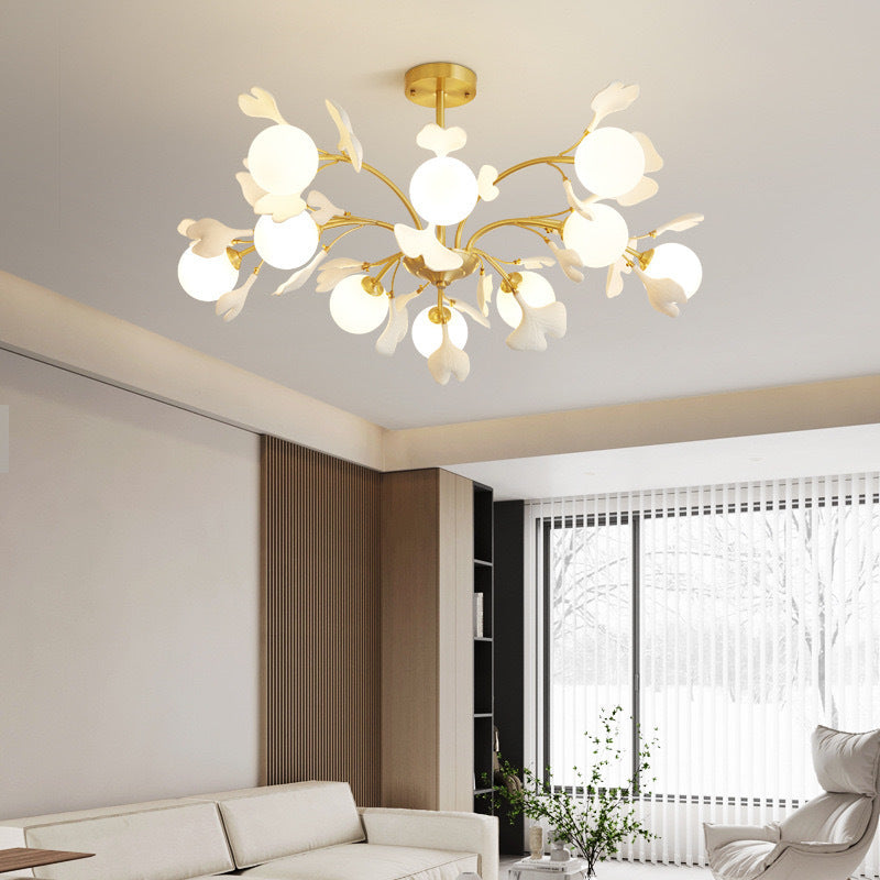 Copper ginkgo leaf branch chandelier with six lights, view 3