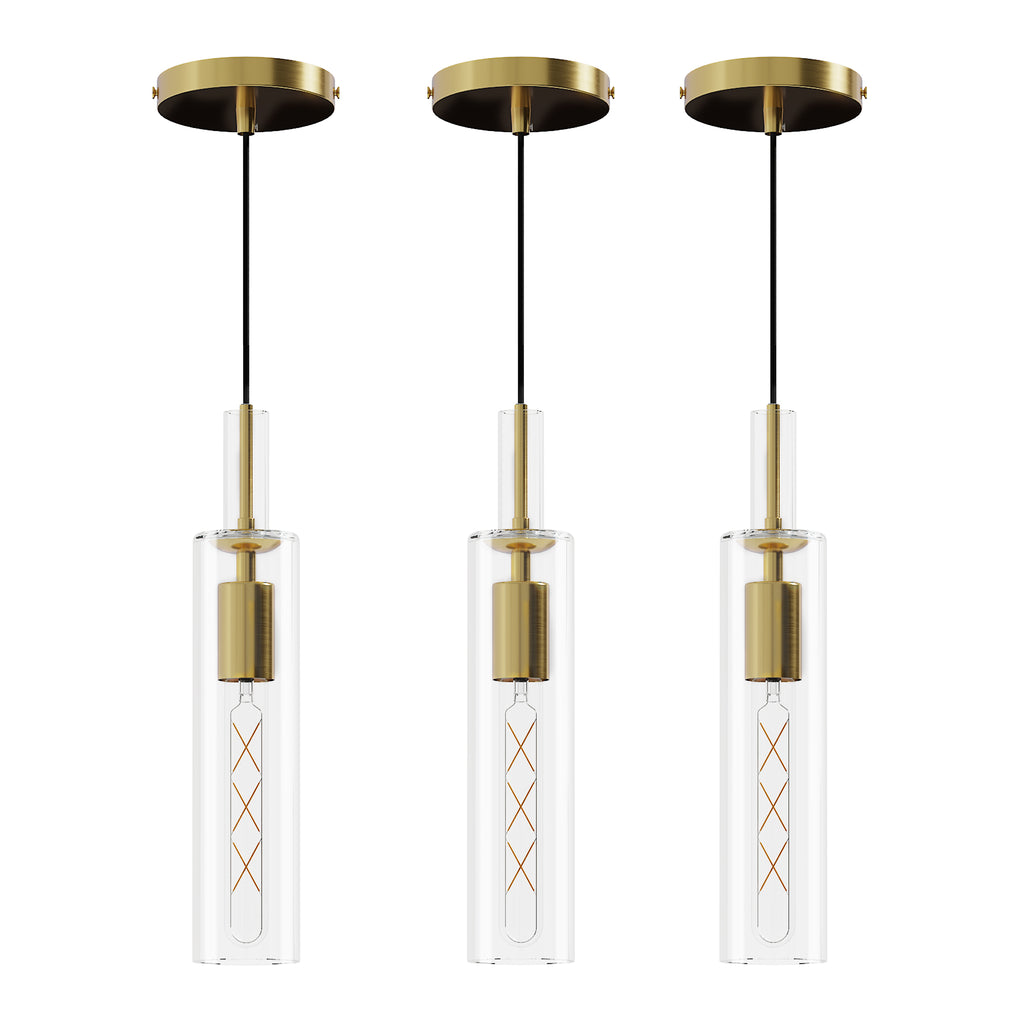 Set of three gold pendant lights with clear striped glass shades, view 6