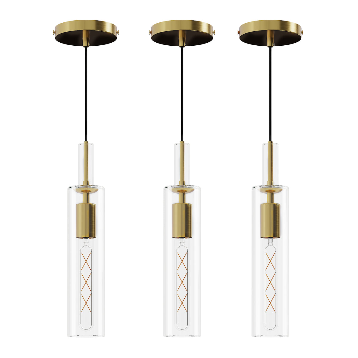 Set of three gold pendant lights with clear striped glass shades, view 6