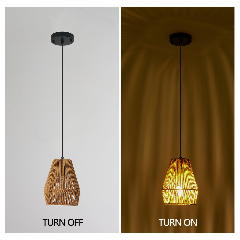 Set of three woven hemp rope pendant lights over a table, view 2