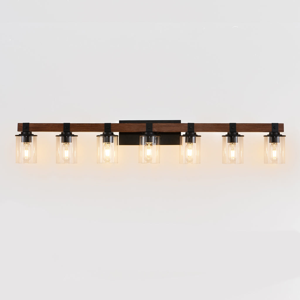 Wide seven-light black and wood bathroom vanity sconce with glass shades, view 8