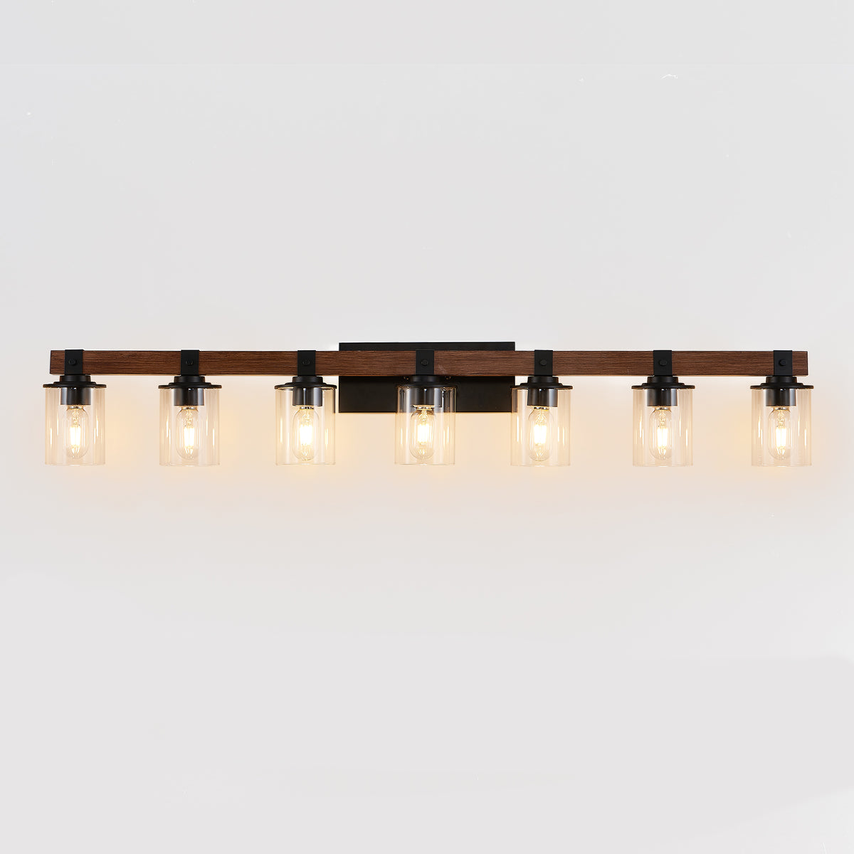 Wide seven-light black and wood bathroom vanity sconce with glass shades, view 8