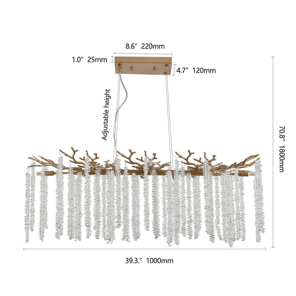 Gold rectangular chandelier with cascading crystal strands, view 8