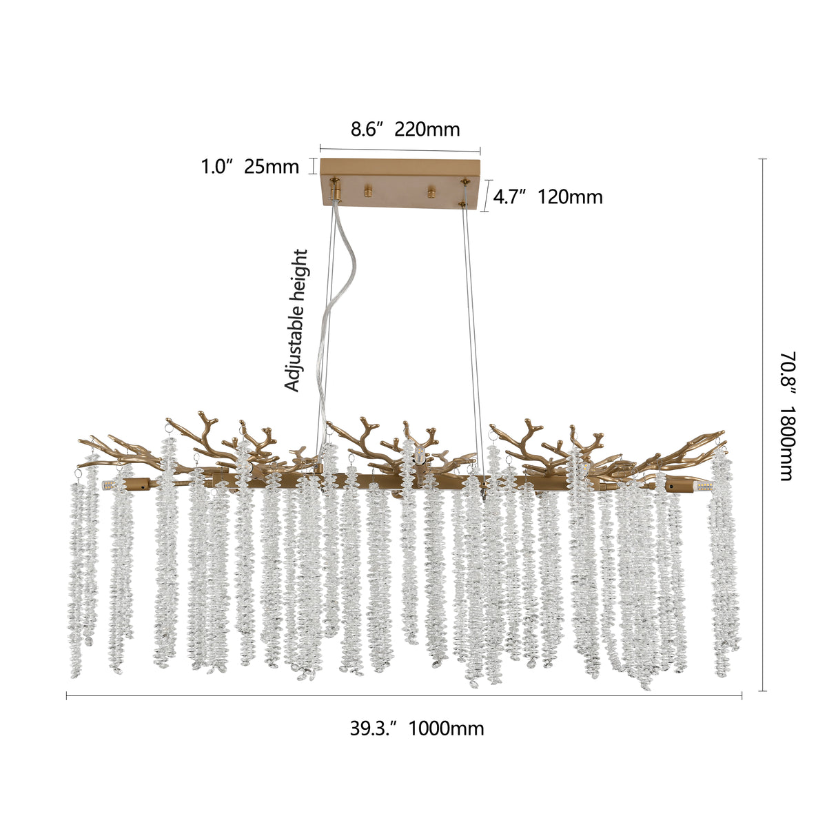 Gold rectangular chandelier with cascading crystal strands, view 8