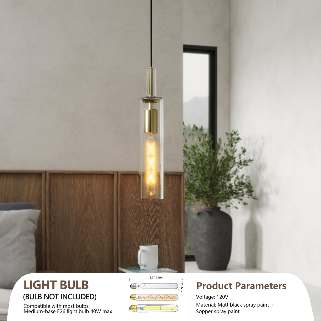 Set of three gold pendant lights with clear striped glass shades, view 3