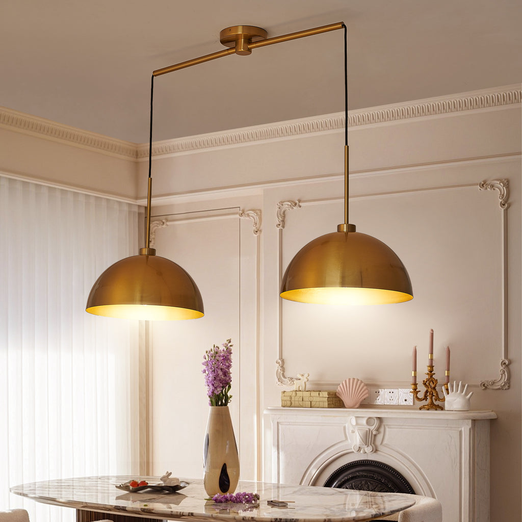 Copper-tone double pendant light on a linear bar, view 2