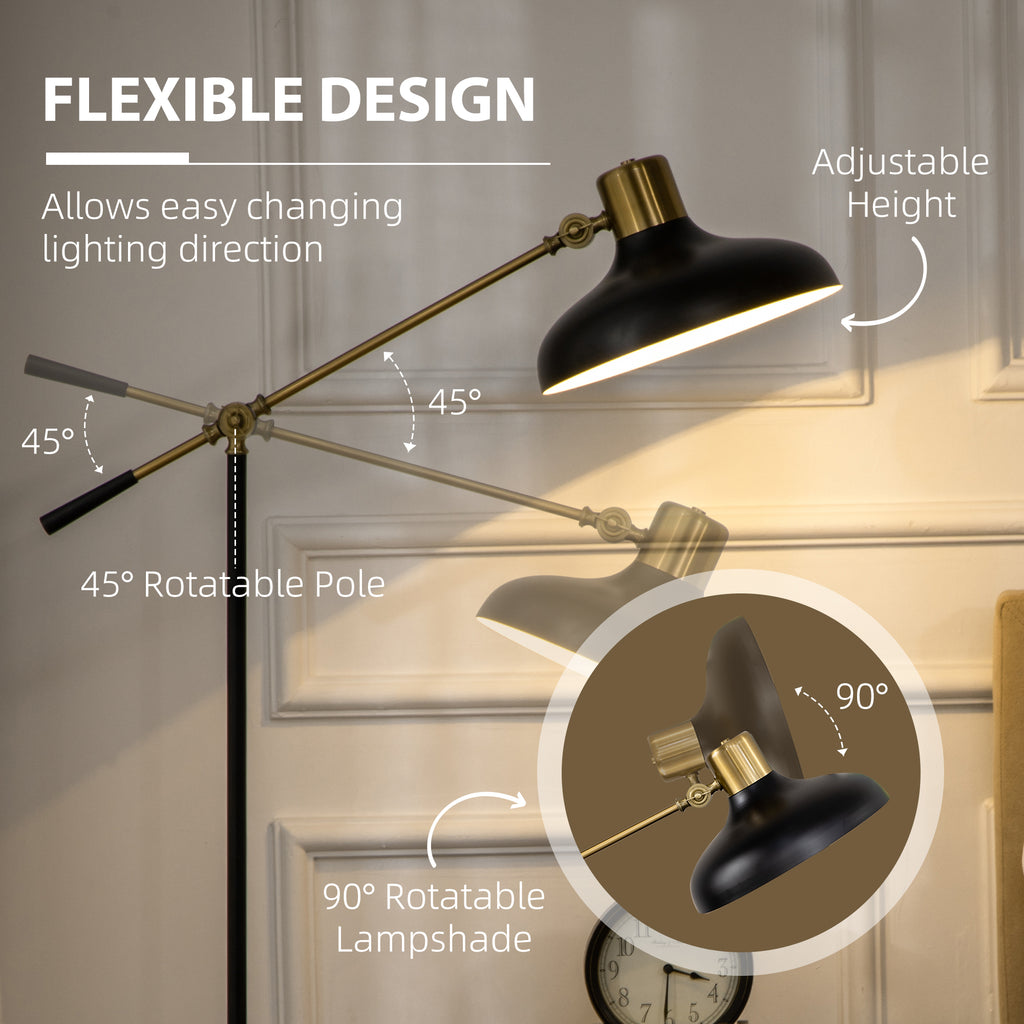 Black and gold adjustable floor lamp with balanced arm in a living room, view 8
