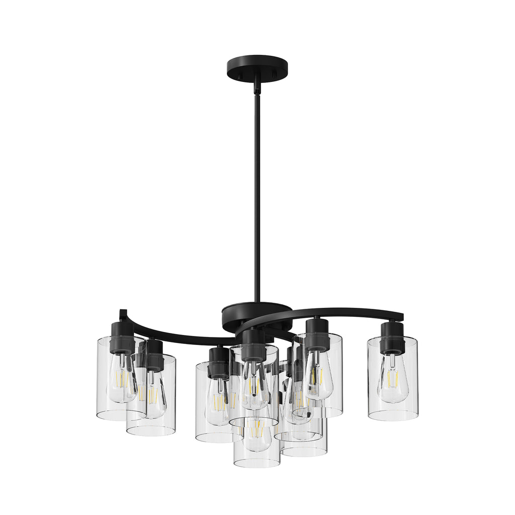 Nine-light black chandelier with clear glass shades over a dining table, view 4