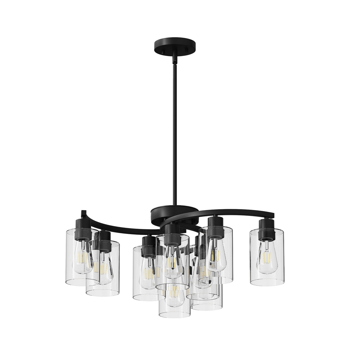 Nine-light black chandelier with clear glass shades over a dining table, view 4