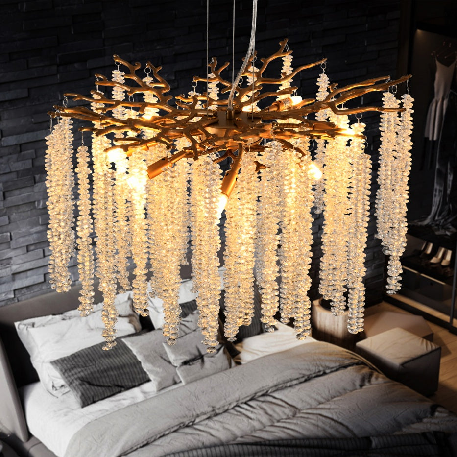 Square gold chandelier with cascading crystal strands, view 10