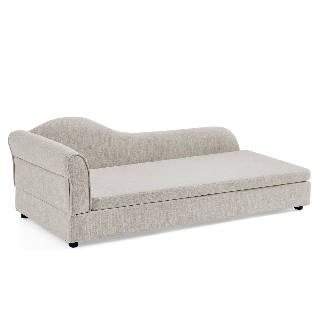 Angled view of the beige pet sofa showing the single armrest