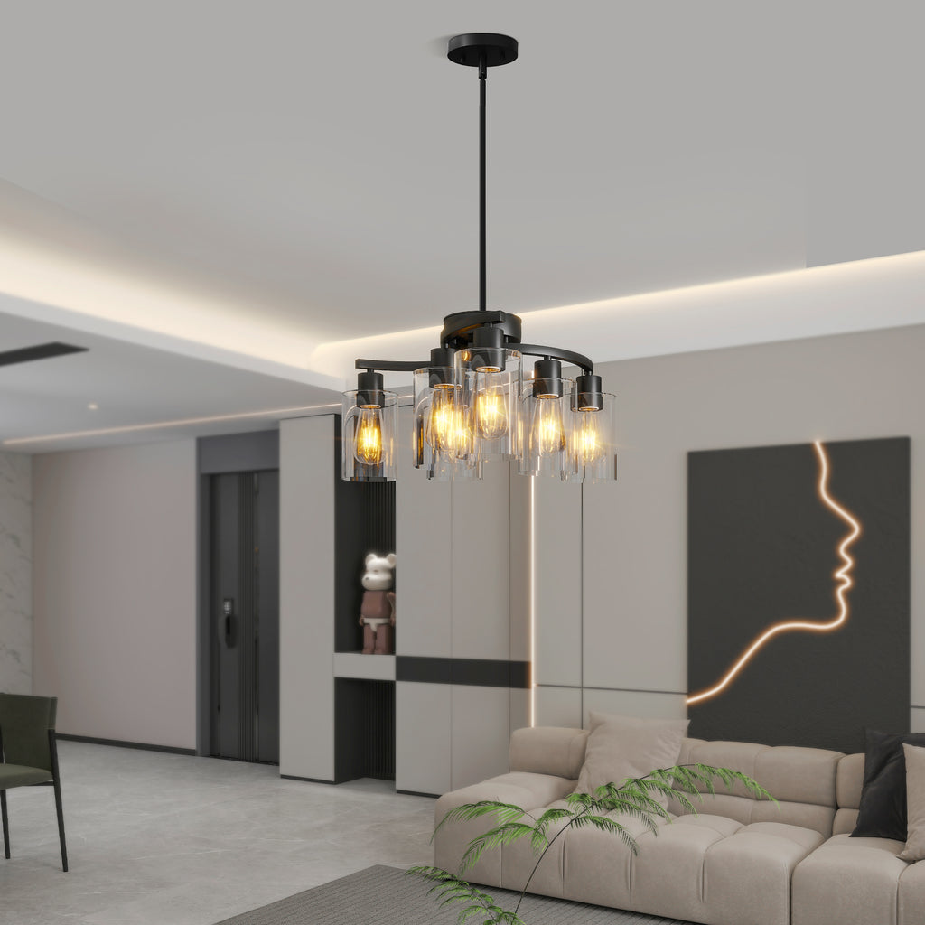 Six-light black chandelier with clear glass shades, view 2